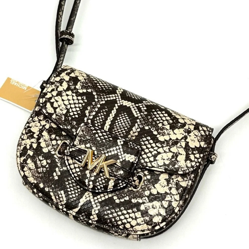 Michael Kors Small Reed Leather Saddle Crossbody Bag Snakeskin Nat/Light Cream